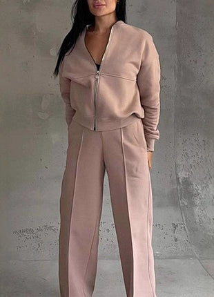 Zipper Jacket and Wide Leg Pants Set
