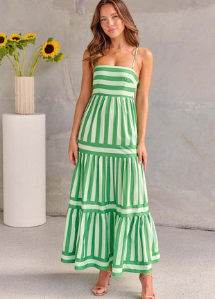 Summer Striped Suspender Long Dress With Pockets