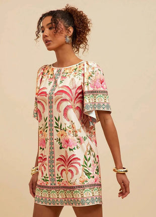 Fashion Retro Crew Neck Horn Printing Dress