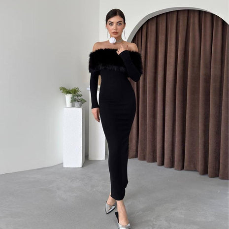Off-shoulder Fur Collar Slim Fit Dress