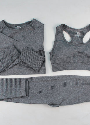 Three-piece Bra, Long Sleeve Top and Trousers Yoga Suit