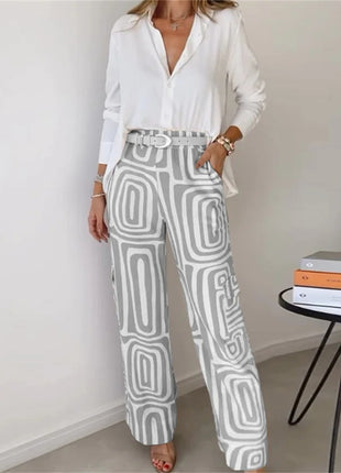 Casual Long-sleeved Lapel Shirt Wide-leg Pants with Belt Suit Set