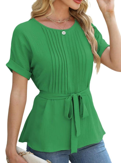 Casual Shirt Ruffled Pleated Round Neck Short Sleeve Top