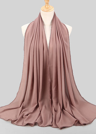 Elegant Women's Monochrome Lace Panel Pearl Chiffon Scarf