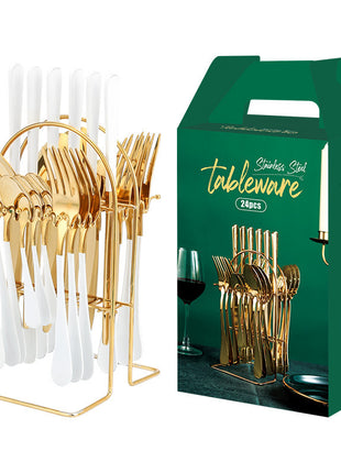 24 PC Dinnerware Set Stainless Steel Tableware Set Knife Fork Spoon Luxury Cutlery Set With Storage Rack