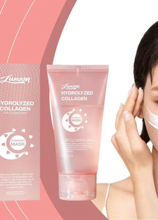 Lunsoon hydrolyzed collagen product with a woman applying cream to her face on a pink background