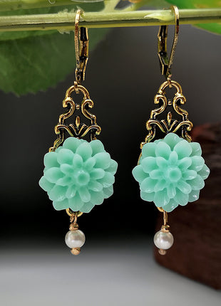 Rongyu Bohemian Chalcedony Flower Pearl Earrings