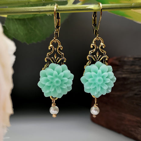 Rongyu Bohemian Chalcedony Flower Pearl Earrings