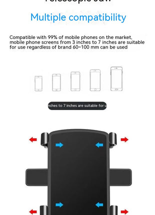 Telescopic jaw phone holder with compatibility information on a white background