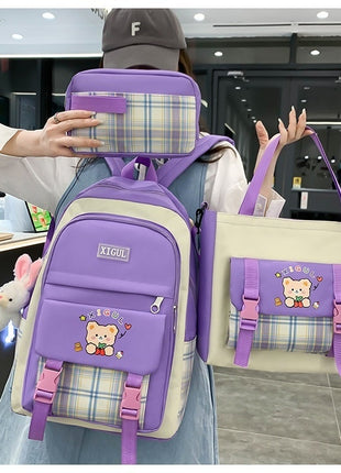 Three-piece Set Large Capacity Plaid Junior Backpack