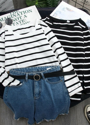 Black Striped Western Style Long-sleeved T-shirt