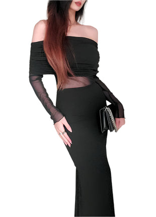 Off-the-shoulder Pleated Long Sleeve Dress