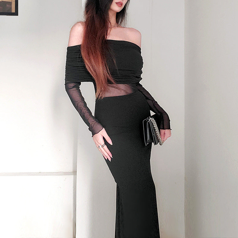 Winter Off-the-shoulder Pleated Long Sleeve Polyester Dress