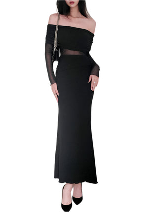 Off-the-shoulder Pleated Long Sleeve Dress