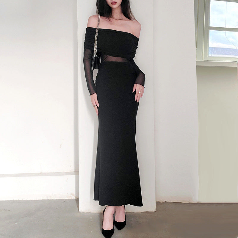 Winter Off-the-shoulder Pleated Long Sleeve Polyester Dress