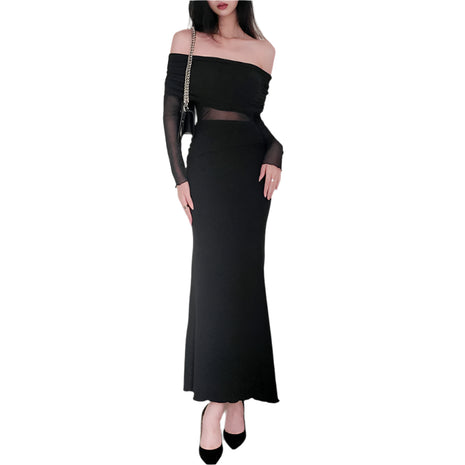 Off-the-shoulder Pleated Long Sleeve Dress