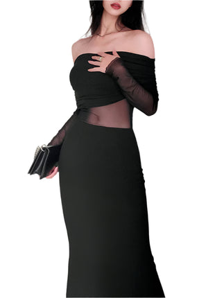 Off-the-shoulder Pleated Long Sleeve Dress