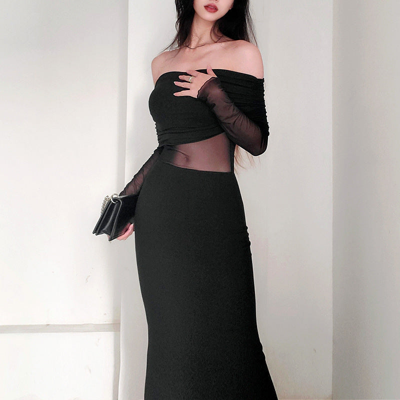 Winter Off-the-shoulder Pleated Long Sleeve Polyester Dress