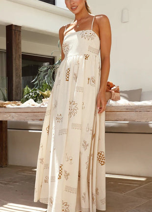 Printed Coffee Back Cutout Sling Dress