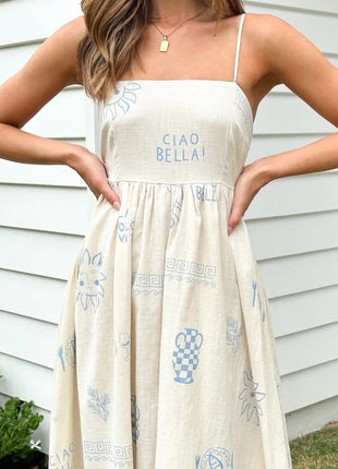White & Sky-Blue Back Cutout Sling Dress