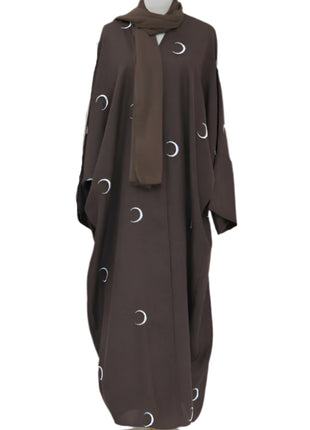Moon Embroidery Elegant Abaya with Chiffon Headscarf