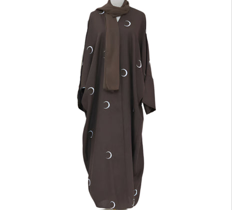 Moon Embroidery Elegant Abaya with Chiffon Headscarf