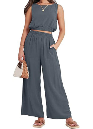 Round Neck Sleeveless Lower Hem High Waist Wide Leg Two-piece Set