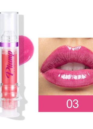 Pink lip gloss with a close-up of lips wearing the color on a white background
