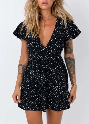 V-neck Polka Dot Waist Slimming Dress