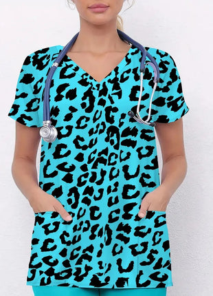 Vibrant Print Scrub Top Casual V-Neck Short Sleeve
