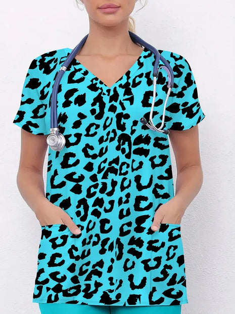Vibrant Print Scrub Top Casual V-Neck Short Sleeve