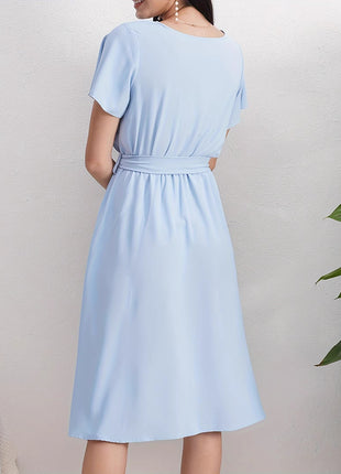 Short Sleeve Cross Collar Belt Dress