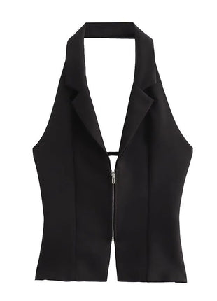 Slim-fit Zipper Backless Hanging Collar Top
