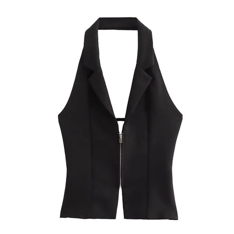 Slim-fit Zipper Backless Hanging Collar Top