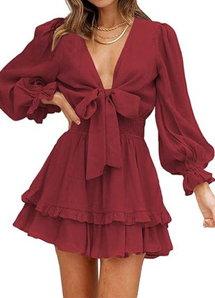 V-neck Ruffled Slimming Long Sleeves Dress