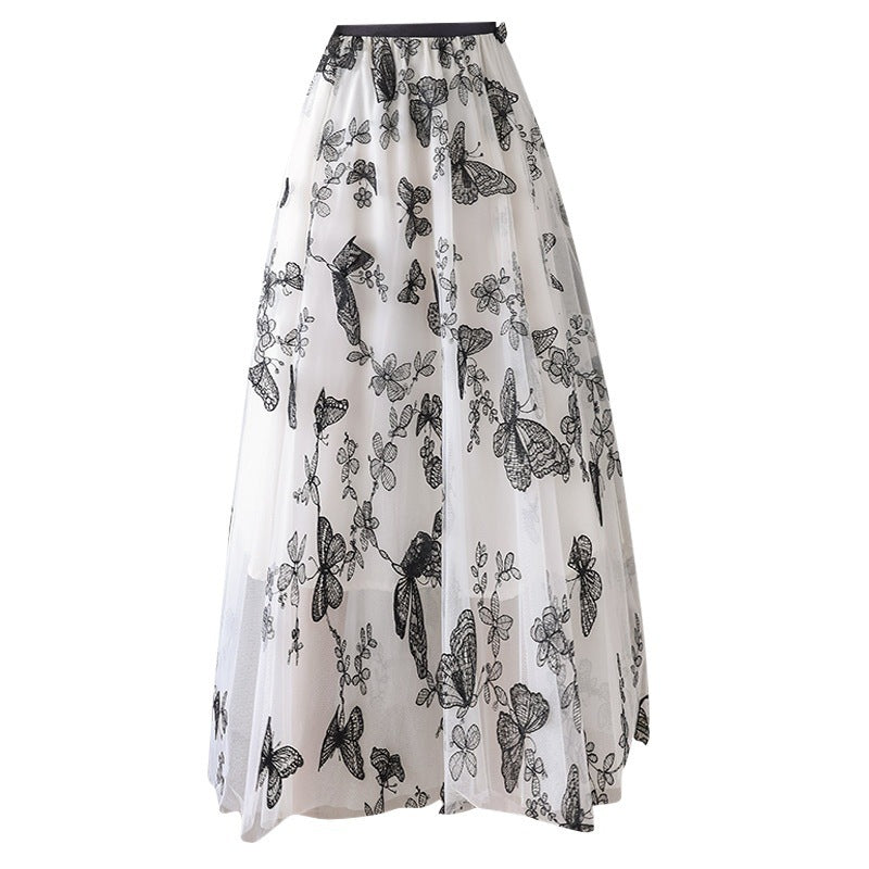 Embroidered Bow Lace Mesh Mid-length Skirt