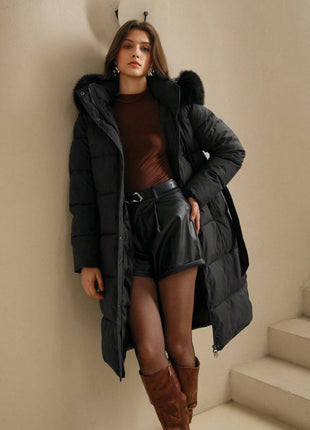 Anewsta Long Sleeve Zip Up Hooded Padded Coat with Faux Fur Trim