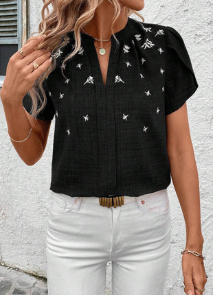 Half-open Collar Short Sleeve Shoulder Creasing Blouse