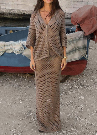 Casual Hollowed-out Fishnet Knitted Blouse & Skirt Set