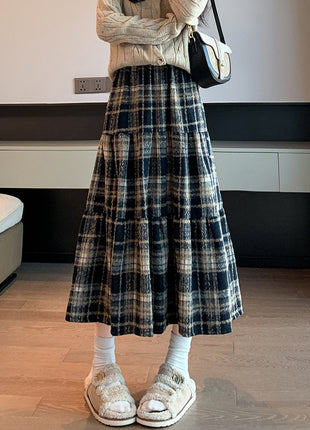 Winter Thickened Plaid Woolen High Waist Skirt