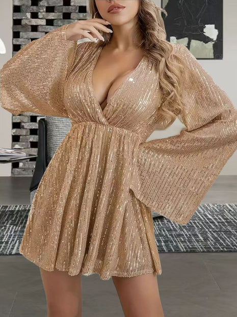 V-neck Sequin Waist Slimming Dress