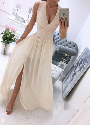 Sleeveless Ankle Skirt V-neck Front Split Dress