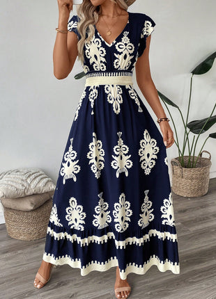 Trim Sleeve Cinched Waist Ruffle Hem A-Line Dress