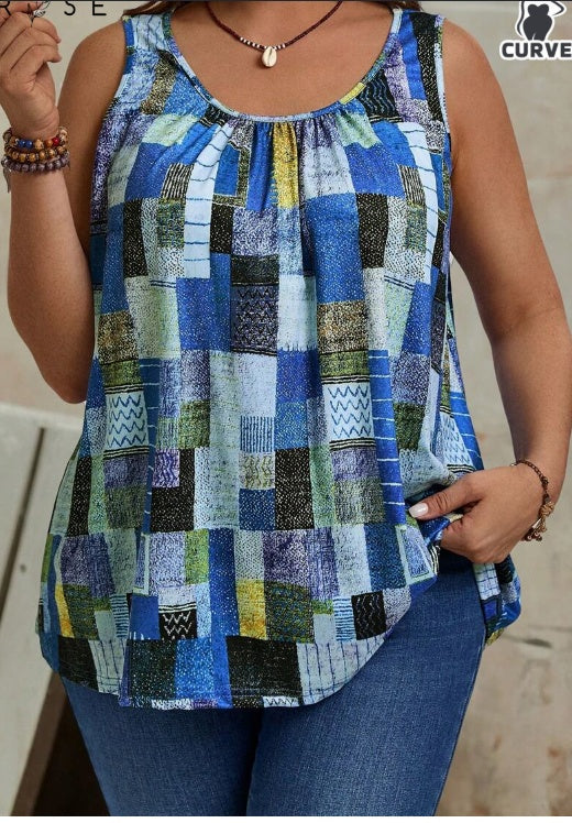 Plus Size Summer Geometric Printed Round Neck Pleated Casual Tank Top