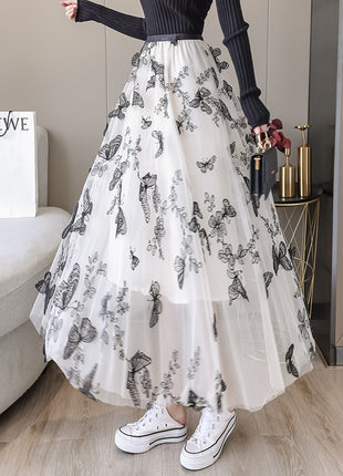 Embroidered Bow Lace Mesh Mid-length Skirt