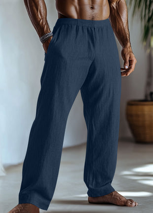 Cotton And Linen Solid Color Casual Trousers With Pockets