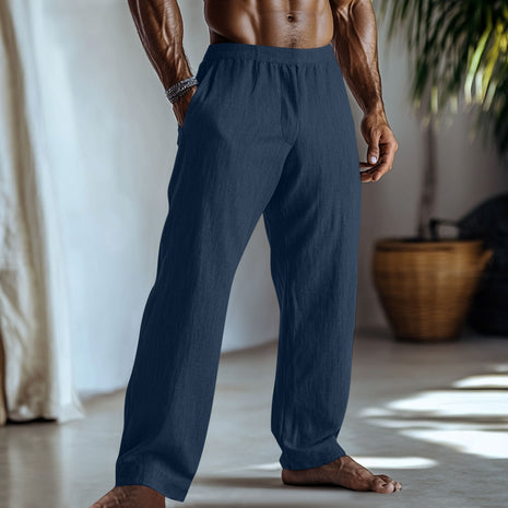 Cotton And Linen Solid Color Casual Trousers With Pockets