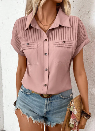 Lapel Shoulder Pleated Pocket Short Sleeve Top