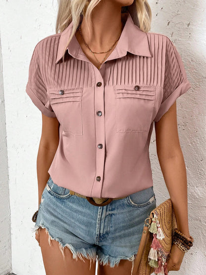 Lapel Shoulder Pleated Pocket Short Sleeve Top