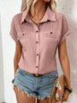 Lapel Shoulder Pleated Pocket Short Sleeve Top